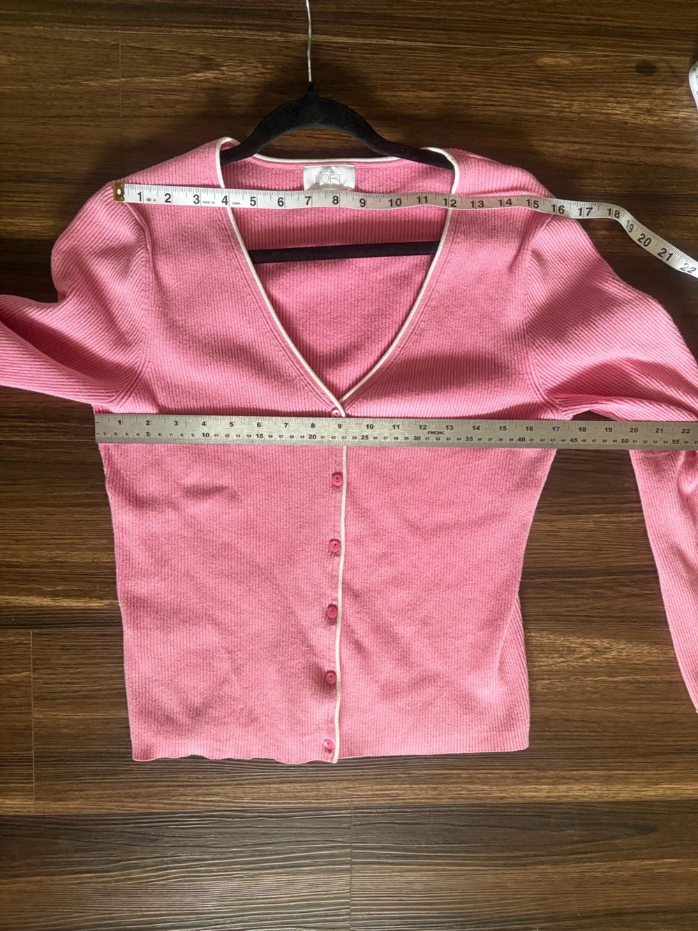 LOFT Pink Ribbed V-Neck Cardigan with white Trim - Picture 13 of 15